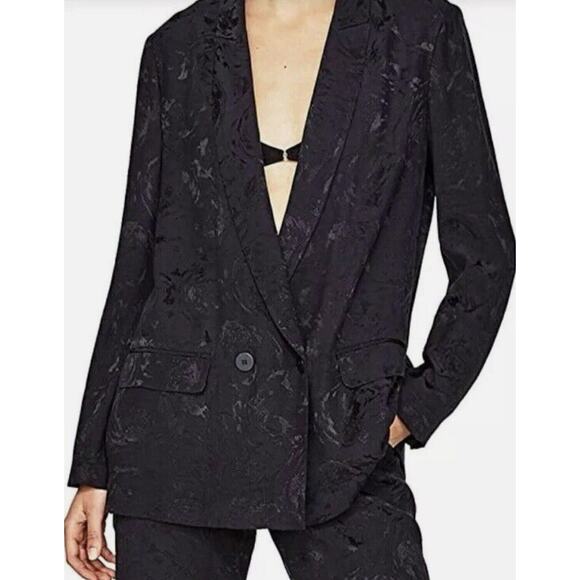 Zara Floral Jacquard Blazer Jacket Size Small Dark Blue Double Breasted Brocade - Picture 15 of 16